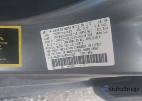 2006 Honda Cr-V Ex z USA, uszkodzony, nr VIN JHLRD688X6C014006